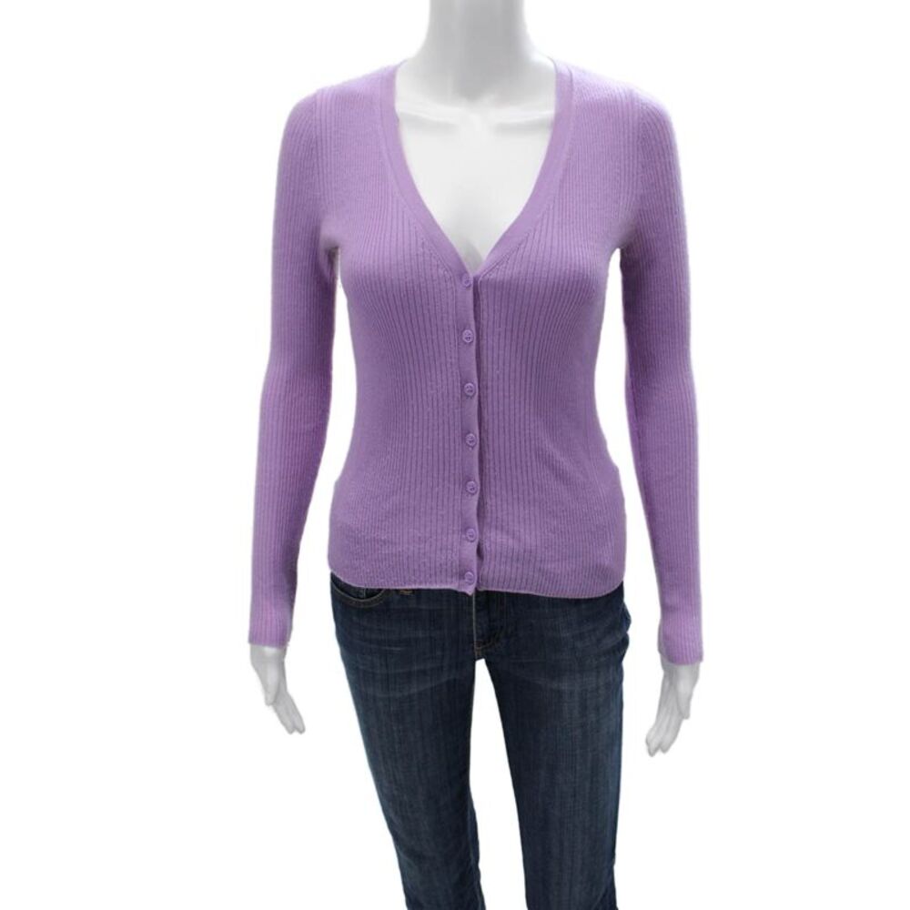 From Future Women Purple Wool V-Neck Striped Cardigan Long Sleeve Size S